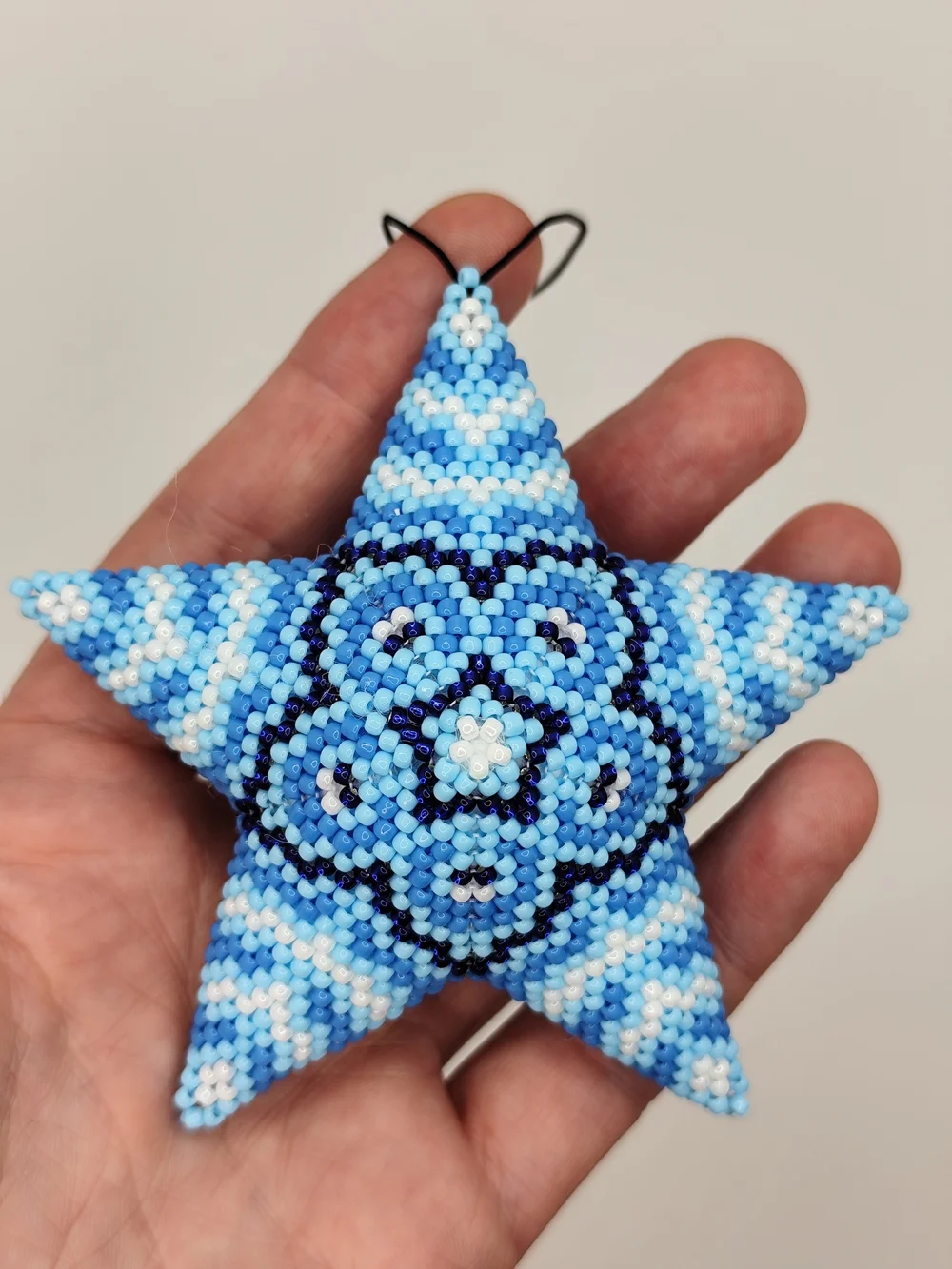 Handmade Blue Beaded Star Ornament - Holiday Decoration